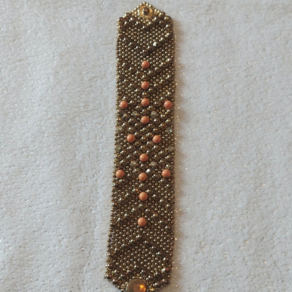 Gold Toned Metal Bracelet Rhinestone Orange stone